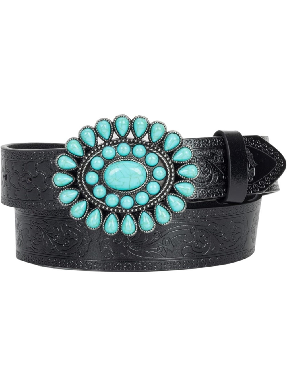 Turquoise Stone Western Belt - Black Leather